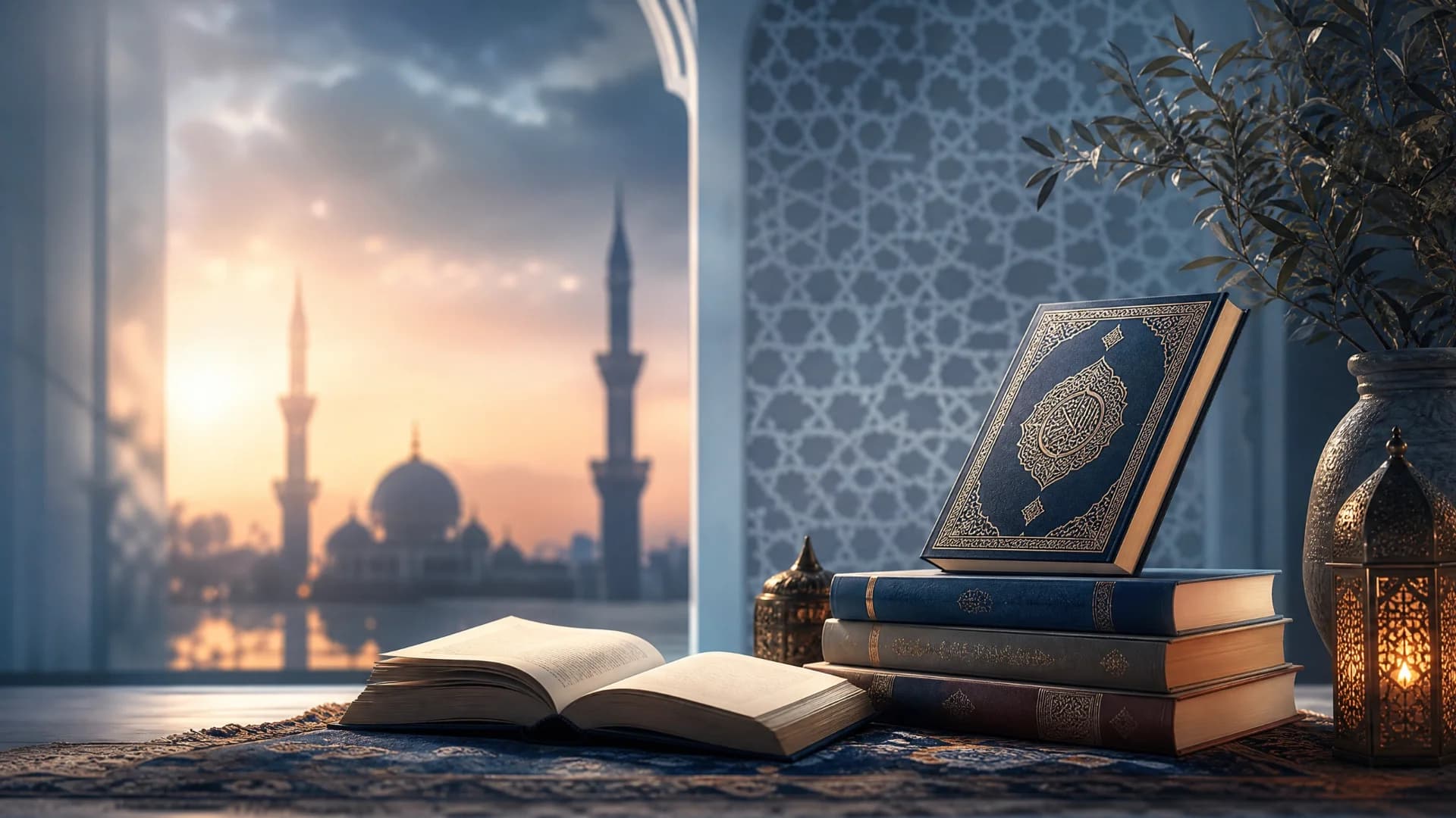 An open Quran resting beside a study lamp, representing focused Quranic learning